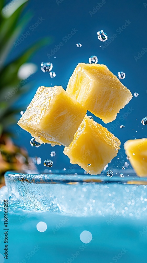 Poster fresh pineapple chunks splash into sparkling water, creating an inviting and refreshing scene.