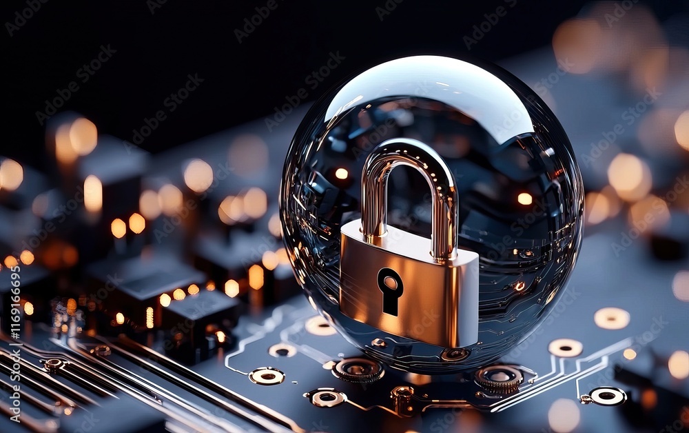 Poster a transparent sphere contains a padlock, symbolizing cybersecurity on a circuit board background, em