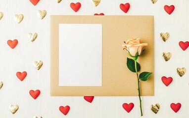 A romantic flat lay featuring a blank card, a soft pink rose, and decorative red and gold hearts.