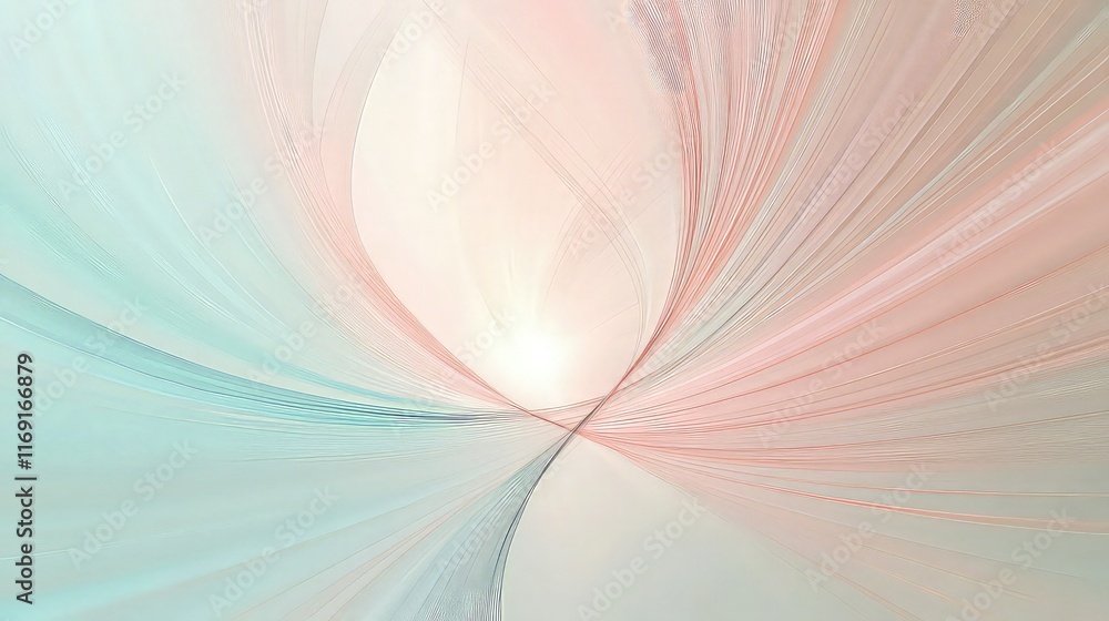 Poster a minimalist abstract background with thin lines in soft pink, light blue, and beige converging towa