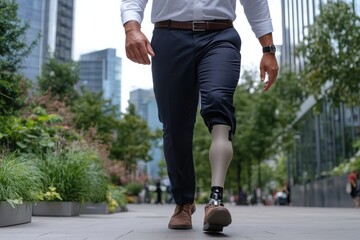 A man strides confidently in professional attire with a sophisticated prosthetic limb, showcasing resilience and modern design in the bustling city atmosphere.