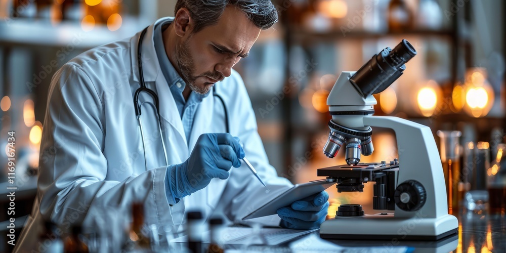Poster scientist using a microscope and digital tablet to analyze samples in a well-lit modern laboratory e