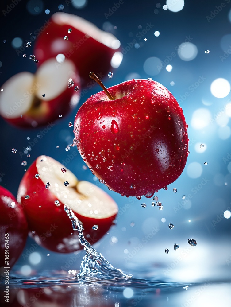Poster a vibrant red apple splashes through water, surrounded by droplets, creating a refreshing and dynami