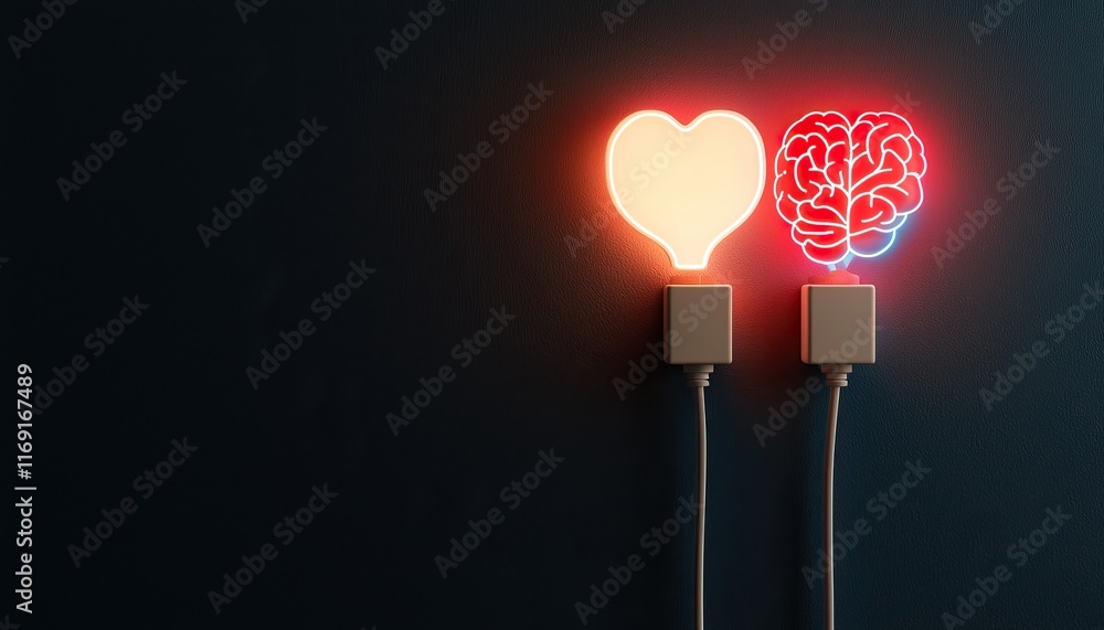 Poster a heart-shaped light bulb and a brain-shaped light bulb are connected by cables, symbolizing the int