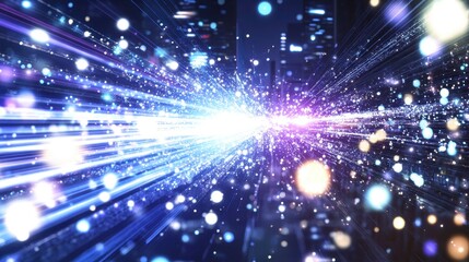 Obraz premium Bright, glowing fiber optics burst with colorful light, like a starry night sky, illuminating the darkness with a festive glow