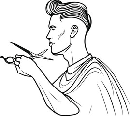 A barber is cutting hair with scissors, the lines are Mandela style, the Mandela lines will not go outside the lines, line art and black thick lines, clear lines, no color, white background 9.eps