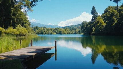 Obraz premium A picturesque summer lake surrounded by lush green trees, reflecting the clear blue sky, with a small wooden pier extending into the water.