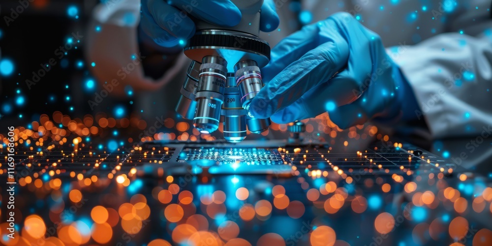 Poster scientist using a microscope to analyze glowing digital circuitry with vibrant futuristic visuals in