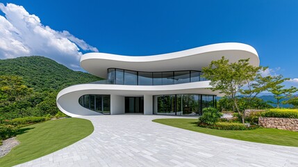 Modern Architectural Home with Curvy Design and Scenic Landscape