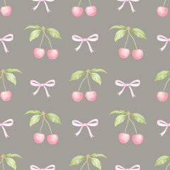 Cherries, bows. Watercolor seamless pattern in pastel colors for textiles and wrapping paper. Cute children's illustration