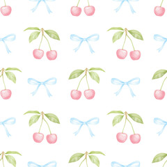 Cherries, bows. Watercolor seamless pattern in pastel colors for textiles and wrapping paper. Cute children's illustration