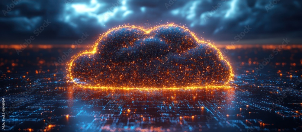 Poster fiery cloud computing digital data network.