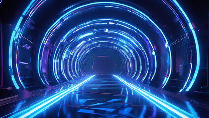 Abstract tunnel, corridor with rays of light and new highlights. Abstract blue background.