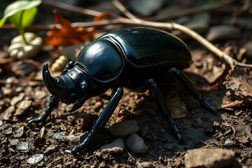 Close-Up of a Shiny Rhinoceros Beetle in a Natural Forest Setting