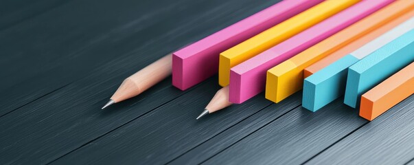 A vibrant arrangement of colorful pencils lays on a dark wooden surface, showcasing their sharp tips and bright colors.