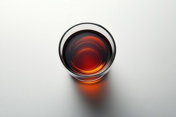topdown view of a glass of rich red wine glistening under soft lighting isolated on a white background to emphasize its deep hue and luxurious appeal