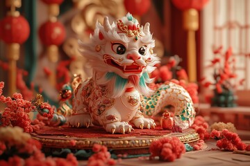 Chinese New Year stage features vibrant decorations and traditional elements