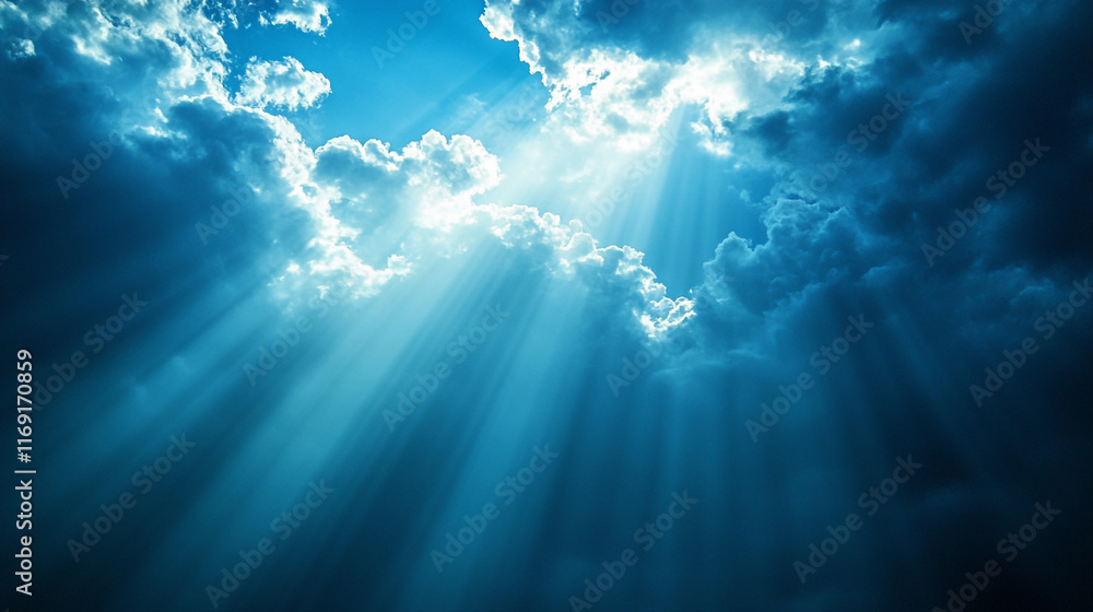 Poster sunlight streams through clouds creating a serene atmosphere in a bright sky