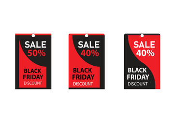 A set of three Black Friday sale tags featuring bold red and black designs with clear discount labels, perfect for promotional materials.