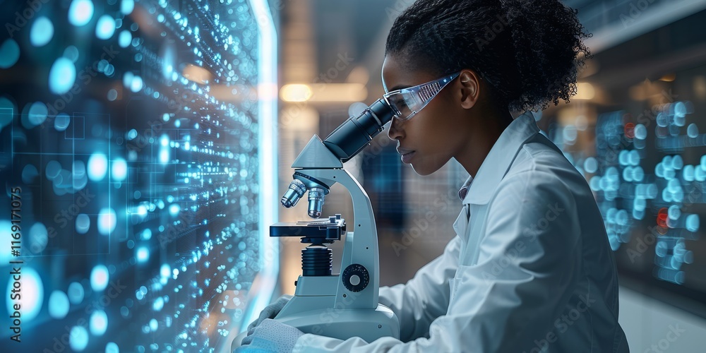 Poster scientist examining samples with a microscope alongside glowing digital data projections in a modern