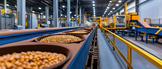 Obraz premium A modern industrial facility with a conveyor belt transporting spherical items, showcasing an organized and efficient production environment.
