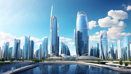 Obraz premium A Panoramic View of Modern Buildings Combining Innovative Architecture and Urban Design