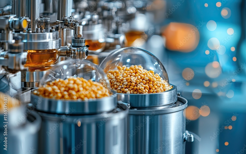 Poster a close-up view of industrial containers filled with golden grains, showcasing a modern processing f