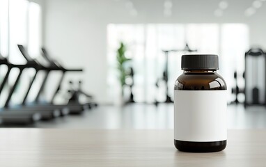 A close-up of a brown supplement bottle on a gym table, with a blank label, set against a blurred fitness center background.