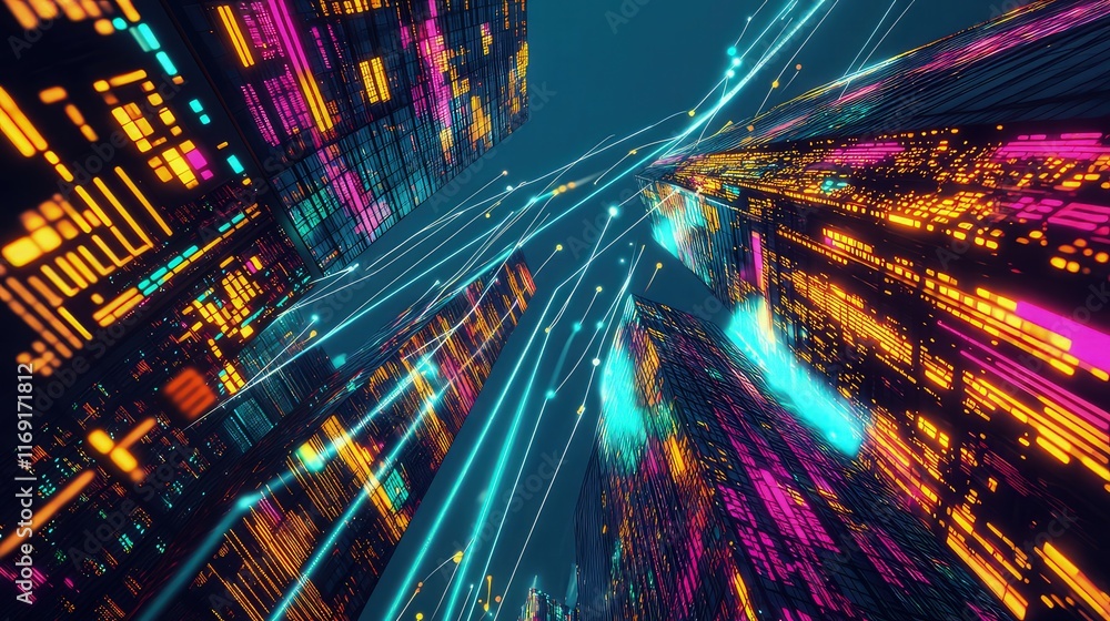 Poster a neon-lit city with buildings covered in glowing digital panels, casting vibrant colors into the sk