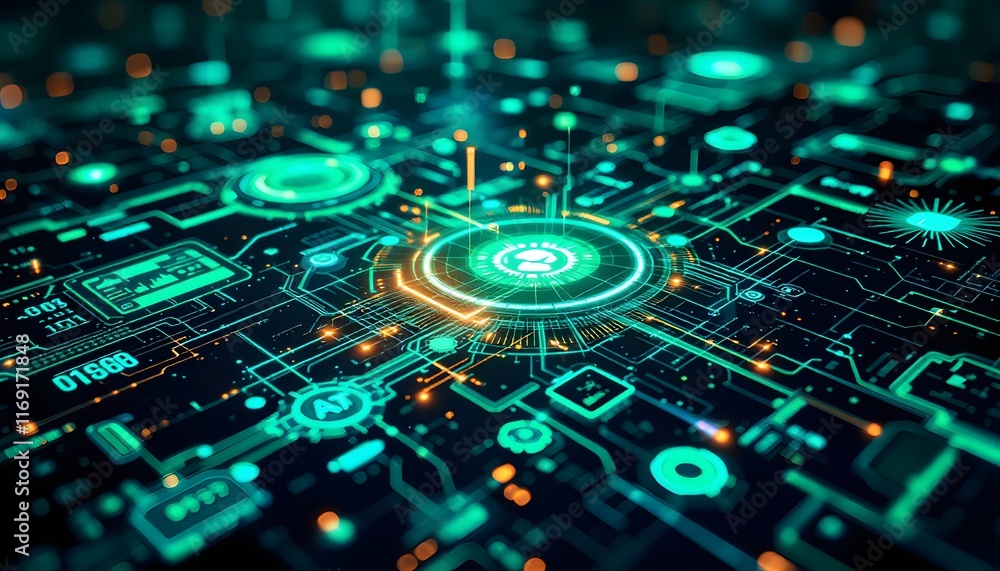 Poster abstract futuristic circuit board with glowing elements and data visualization