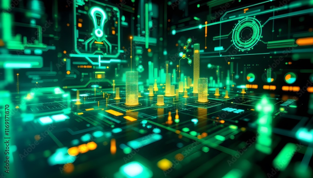 Poster abstract futuristic circuit board with glowing elements and data visualization