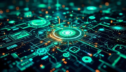 Fototapeta premium Abstract Futuristic Circuit Board with Glowing Elements and Data Visualization