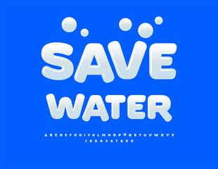 Vector environmental logo Save Water. Pure White Font. Decorative Glossy Alphabet Letters and Numbers set.