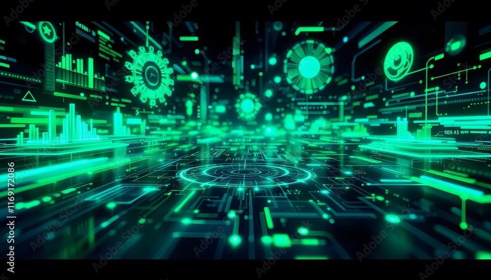 Poster abstract futuristic circuit board with glowing elements and data visualization