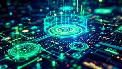 Abstract Futuristic Circuit Board with Glowing Elements and Data Visualization