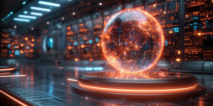 Futuristic glowing holographic globe displayed in a high-tech control room with advanced digital interfaces