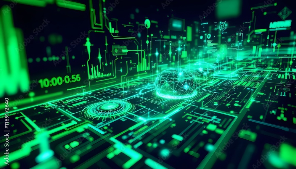 Poster abstract futuristic circuit board with glowing elements and data visualization