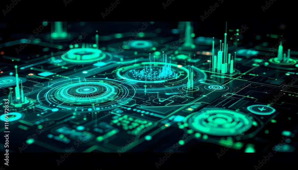 Poster abstract futuristic circuit board with glowing elements and data visualization