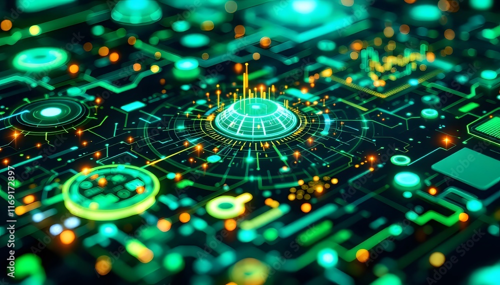 Poster abstract futuristic circuit board with glowing elements and data visualization