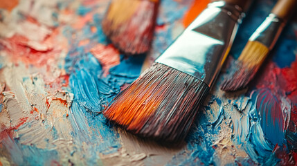 Fototapeta premium Creative workspace with paintbrushes resting on colorful textured palette