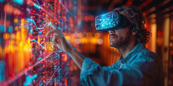 Man wearing virtual reality headset interacting with a holographic digital interface surrounded by vibrant neon lights