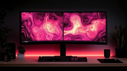 Dual monitor setup with abstract art home office digital workstation modern environment creative viewpoint