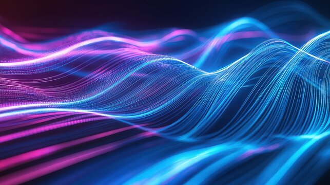A network of pulsing, flowing energy lines in shades of neon blue and magenta, moving in arcs and waves.