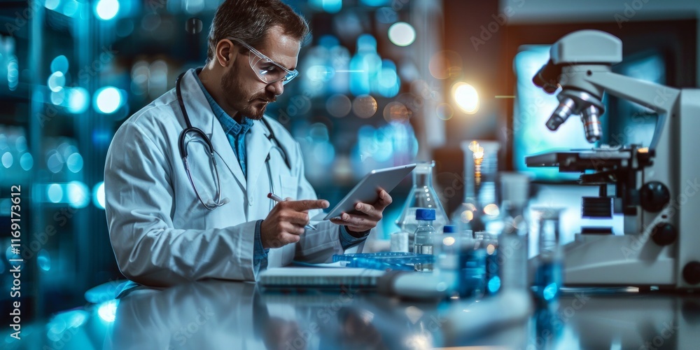 Poster scientist in a laboratory using a digital tablet alongside a microscope and various scientific tools