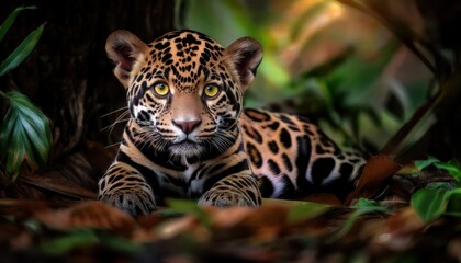 Obraz premium A jaguar cub resting in the forest surrounded by lush greenery