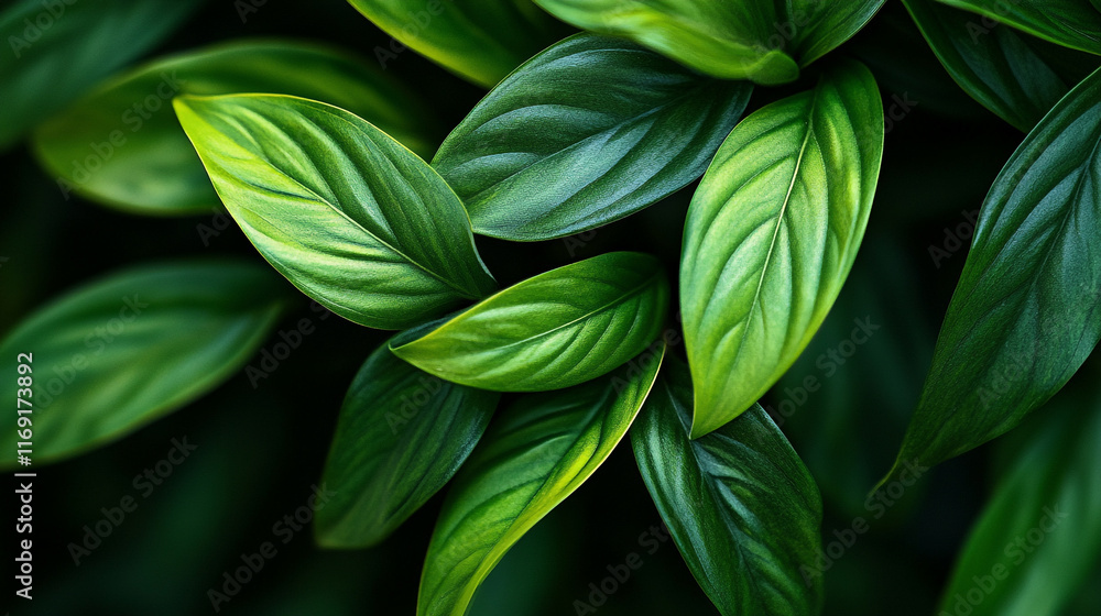 Poster close-up view of vibrant green leaves showcasing intricate textures and patterns in nature