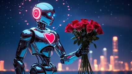 Obraz premium Futuristic robot , artificial intelligence CGI on black background . Robotic man 3D render animation . 3D illustration . Chocolate box gifts Valentine's day 