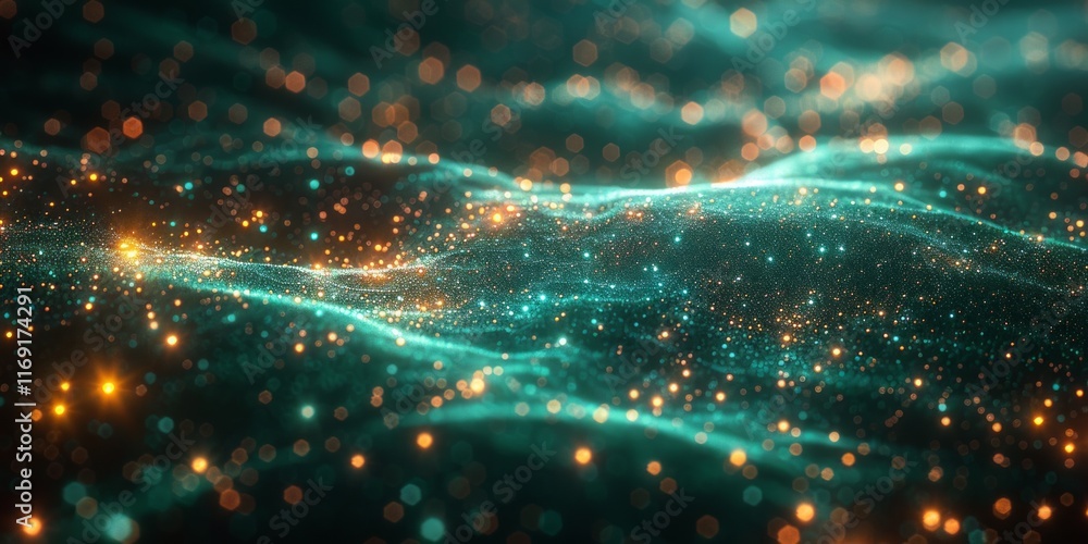 Poster abstract digital wave of glowing particles in teal and orange tones, creating a futuristic and dynam