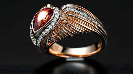 Elegant Winged Ring with Orange Gemstone: A Realistic Product Image