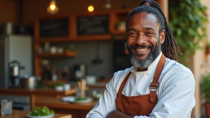 Obraz premium Celebrating Culinary Passion in a Vibrant Bistro Setting With a Charming Chef Showcasing Warmth and Expertise in His Craft During a Sunny Afternoon. Black african man